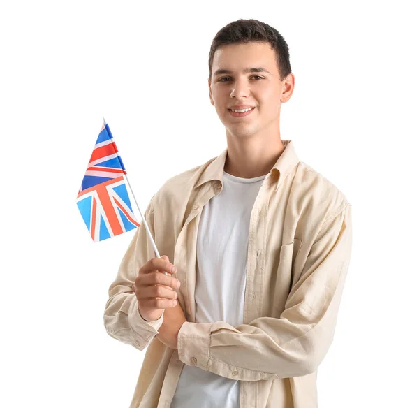Tonårspojke Med Brittisk Flagga Vit Bakgrund — Stockfoto