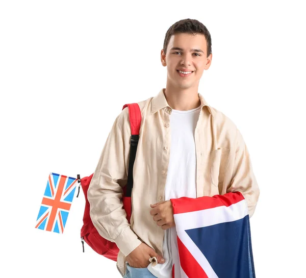 Menino Adolescente Com Bandeiras Reino Unido Mochila Fundo Branco — Fotografia de Stock