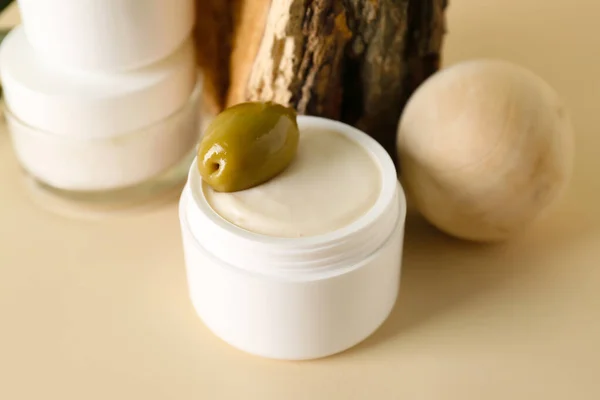 Jar Natural Olive Cream Color Background Closeup — Stock Photo, Image