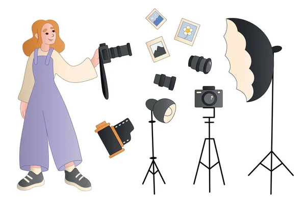 Set Fotografer Wanita Dengan Peralatan Profesional Modern Latar Belakang Putih - Stok Vektor
