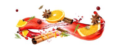 Beyaz arka planda lezzetli sıcak şarap ve malzemeler.