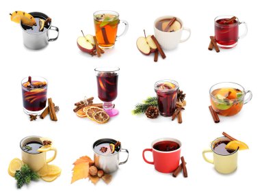 Beyaza izole edilmiş lezzetli sıcak şarap seti. 