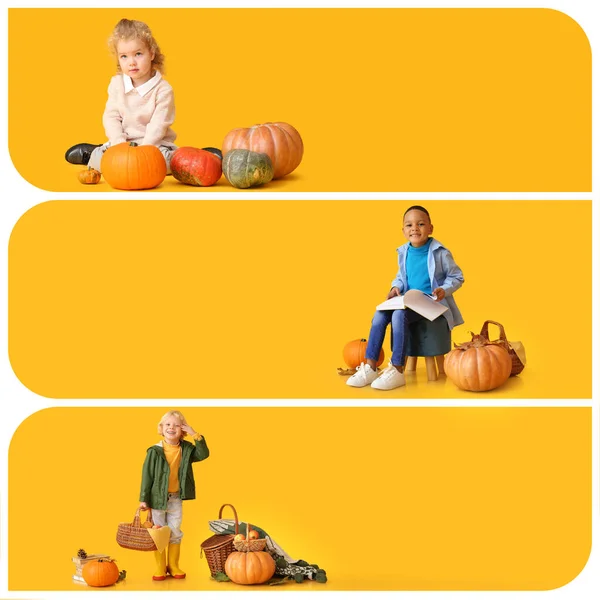 Collage Happy Children Autumn Sweaters Pumpkins Yellow Background Space Text — Stock Photo, Image