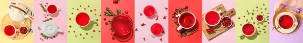 Colagem Chá Lingonberry Saboroso Fundo Cor Vista Superior — Fotografia de Stock
