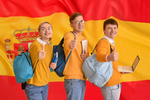 Young Students Showing Thumb Flag Spain — Stock Photo, Image