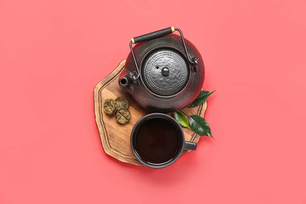 Board Cup Puer Tea Teapot Red Background — Stock Photo, Image