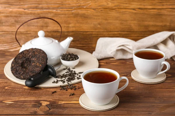 Чашки Чая Чайник Деревянном Фоне — стоковое фото