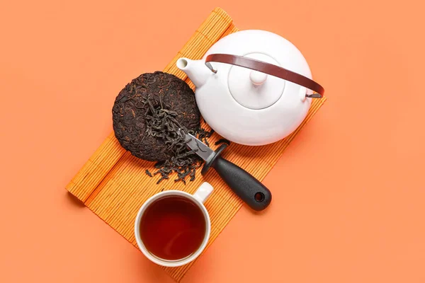Bamboo Mat Dry Pressed Puer Tea Knife Cup Teapot Red — Stock Photo, Image
