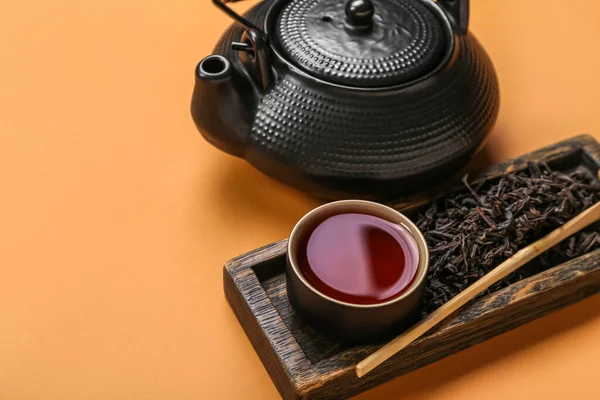 Board Dry Puer Tea Cup Teapot Orange Background — Stock Photo, Image