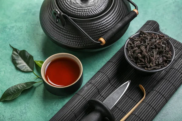 Bamboo Mat Bowl Dry Puer Tea Knife Cup Teapot Grunge — Stock Photo, Image
