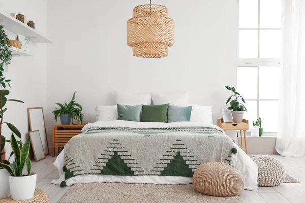 Interior Light Bedroom Houseplants Poufs — Stock Photo, Image