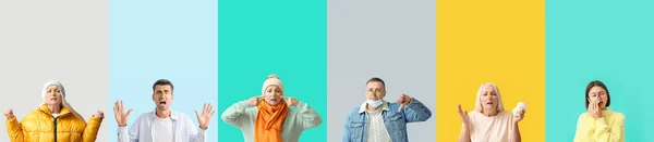 Conjunto Personas Con Pinzas Ropa Sus Narices Contra Fondo Color —  Fotos de Stock