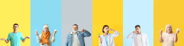 Set Van Mensen Met Wasknijpers Hun Neus Tegen Kleur Achtergrond — Stockfoto
