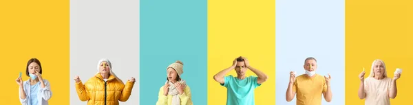 Set Van Mensen Met Wasknijpers Hun Neus Tegen Kleur Achtergrond — Stockfoto