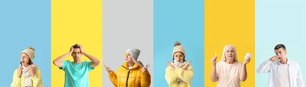 Set of people with clothespins on their noses against color background