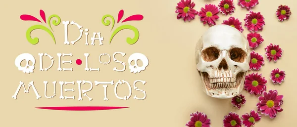 Skull Flowers Mexicos Day Dead Dia Muertos Beige Background Top — 스톡 사진