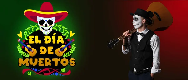 얼굴에 젊은이와 어두운 배경에 기타를 멕시코의 기념일 Dia Muertos — 스톡 사진