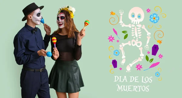 얼굴에는 두개골 배경에는 마라카스가 그려져 멕시코의 기념일 Dia Muertos — 스톡 사진