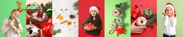 Colagem Inverno Com Crianças Roupas Elegantes Com Presentes Natal Decorações — Fotografia de Stock