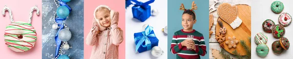 Colagem Inverno Com Crianças Pequenas Roupas Elegantes Com Presente Natal — Fotografia de Stock