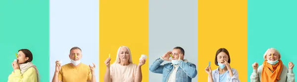Set Van Verschillende Mensen Met Wasknijpers Hun Neus Tegen Kleur — Stockfoto