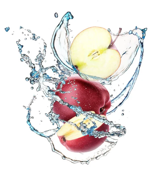 Manzanas Rojas Frescas Salpicaduras Agua Sobre Fondo Blanco — Foto de Stock