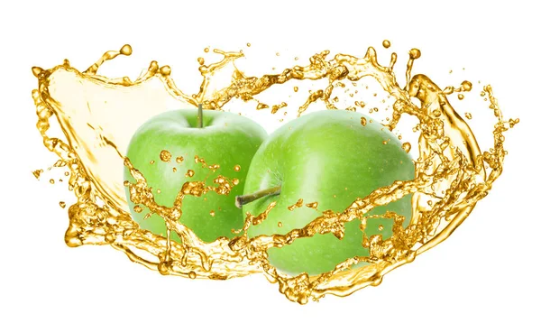 Frische Grüne Äpfel Und Ein Spritzer Saft Auf Weißem Hintergrund — Stockfoto