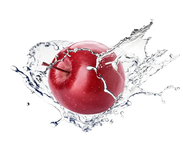 Свіже Червоне Яблуко Бризки Води Білому Тлі — стокове фото