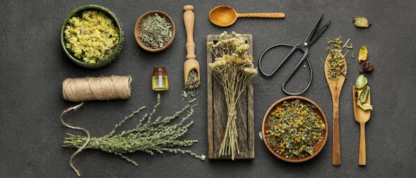 Composition Different Dry Herbs Dark Background Top View — Stock Photo, Image