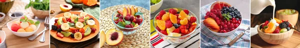 Collage Mit Verschiedenen Köstlichen Obstsalaten — Stockfoto