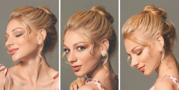 Collage Belleza Con Elegante Rubia Sobre Fondo Gris — Foto de Stock