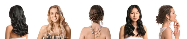 Conjunto Mulheres Bonitas Com Penteados Elegantes Isolados Branco — Fotografia de Stock