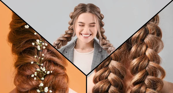Koláž Krásnou Mladou Ženou Spletené Vlasy — Stock fotografie