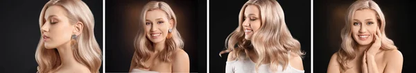Collage Mit Schöner Junger Blondine Auf Dunklem Hintergrund — Stockfoto