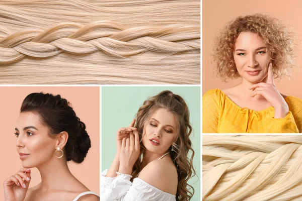 Kosmetická Koláž Zdravými Blond Vlasy Stylové Mladé Ženy Moderními Účesy — Stock fotografie
