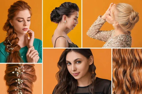 Colagem Beleza Com Mulheres Bonitas Com Diferentes Penteados Elegantes — Fotografia de Stock