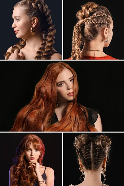 Beauty Collage Pretty Women Different Stylish Hairdos Dark Background — Stock Photo, Image