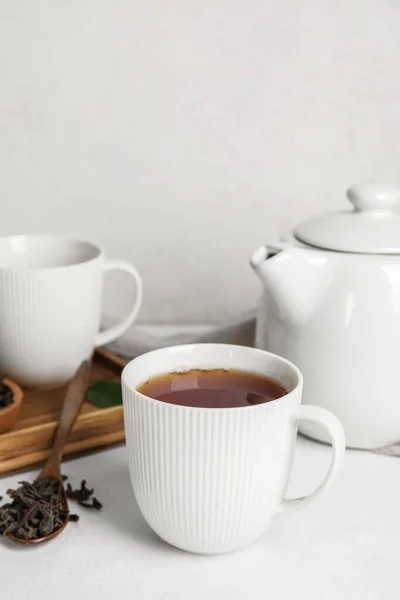 Composition Hot Black Tea White Table — Stock Photo, Image