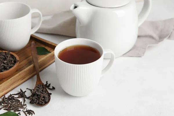 Composition Hot Black Tea White Table — Stock Photo, Image