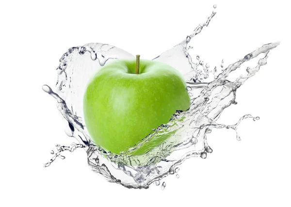 Fresh Green Apple Splash Water White Background — Stock Photo, Image