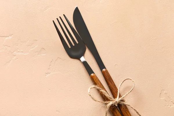 Fork Knife Ribbon Beige Background — Stock Photo, Image