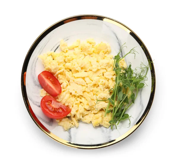 Plate Tasty Scrambled Eggs Tomatoes Green Sprouts White Background — Stock Photo, Image
