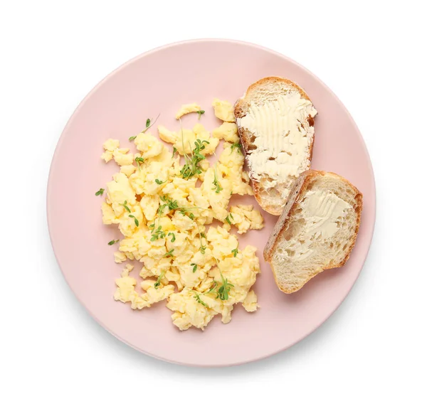 Plate Tasty Scrambled Eggs Bread Butter White Background — Stock Photo, Image