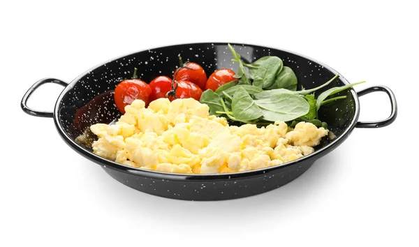 Frying Pan Tasty Scrambled Eggs Tomatoes Greens White Background — Stock Photo, Image