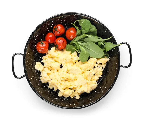 Frying Pan Tasty Scrambled Eggs Tomatoes Greens White Background — Stock Photo, Image