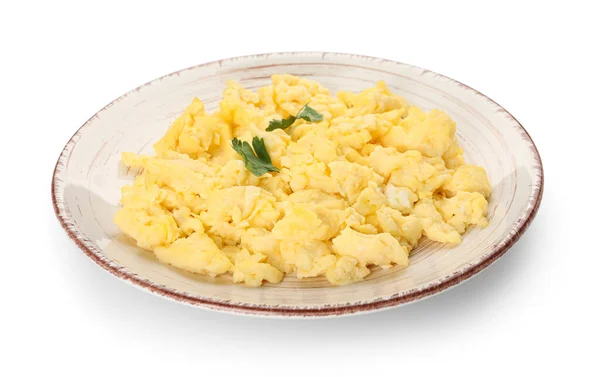 Plate Tasty Scrambled Eggs Isolated White Background — Stock Photo, Image