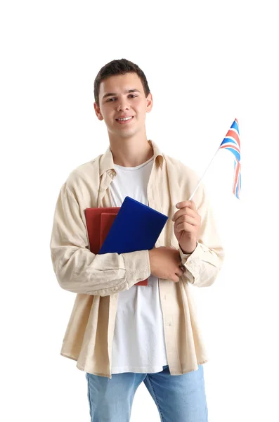 Ragazzo Adolescente Con Bandiera Britannica Libri Sfondo Bianco — Foto Stock