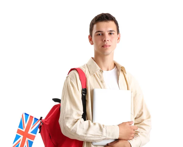 Adolescente Con Bandera Del Reino Unido Mochila Portátil Sobre Fondo —  Fotos de Stock