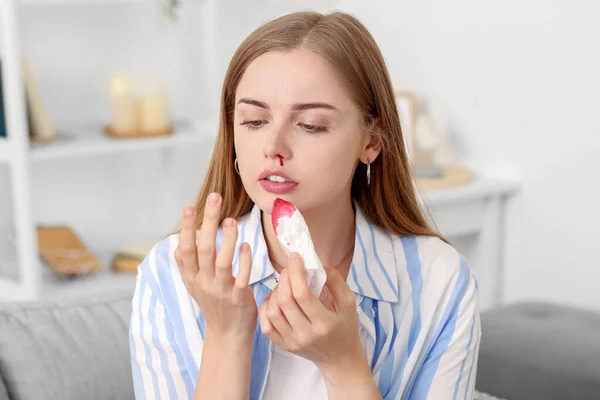 Young Woman Nosebleed Tissue Home Closeup — Stock Photo, Image