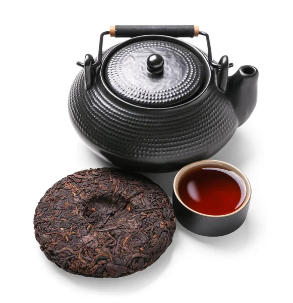Dry Pressed Puer Tea Cup Teapot White Background — Stock Photo, Image